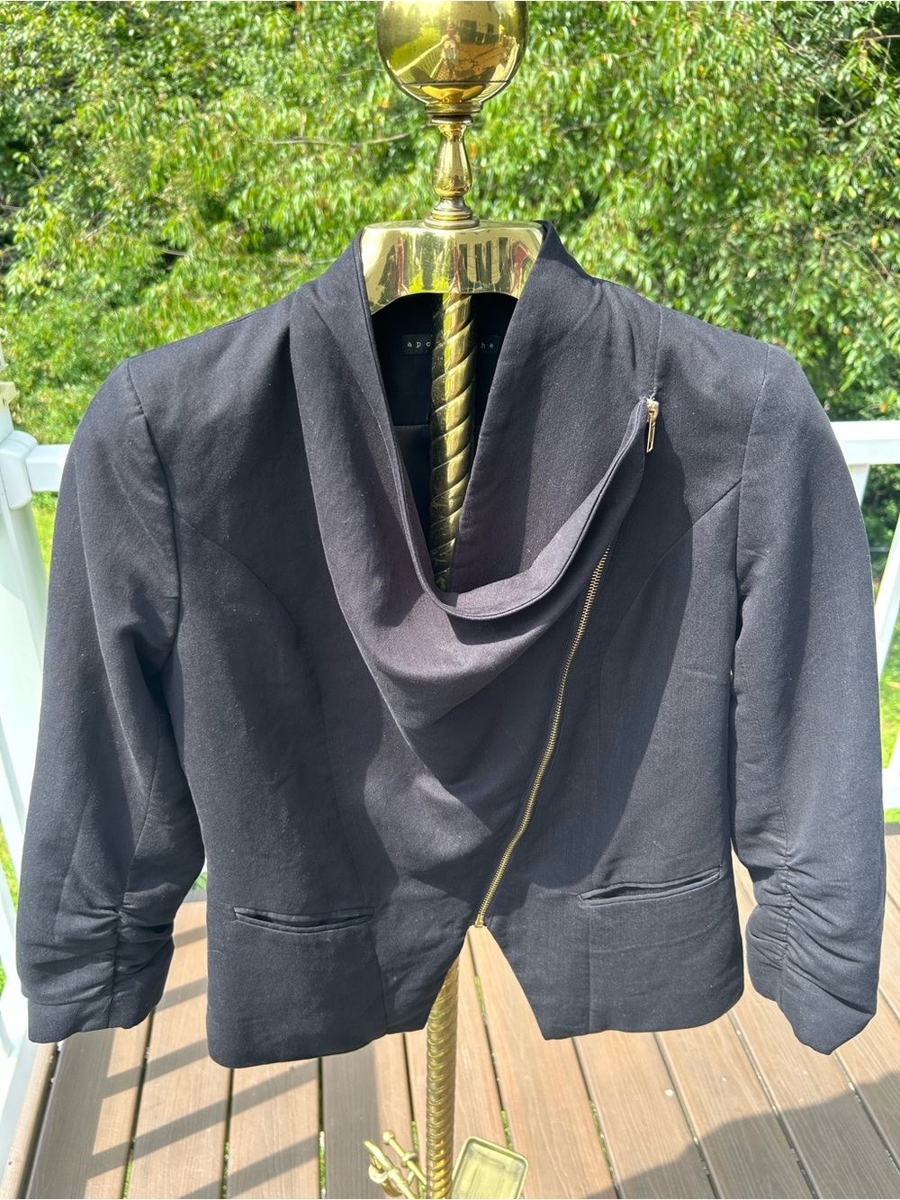 Apostrophe asymmetrical black zip up scoop-neck blazer